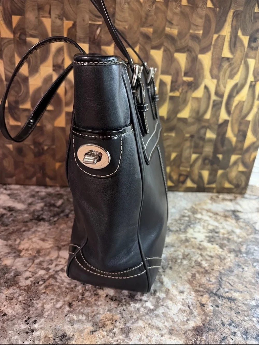 Coach Black Leather Tote with White Contrast Stitching